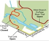 Cenacle Trail at Blackwell Forest Preserve is closed while for work on the trail and bridge.