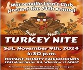 A flyer featuring a turkey to announce the 2024 Lions Club Turkey Raffle on November 9.