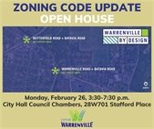 A graphic to promote the City's zoning code update open house February 26.