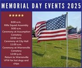 A photo of an American flag with a listing of events in Warrenville on Memorial Day.