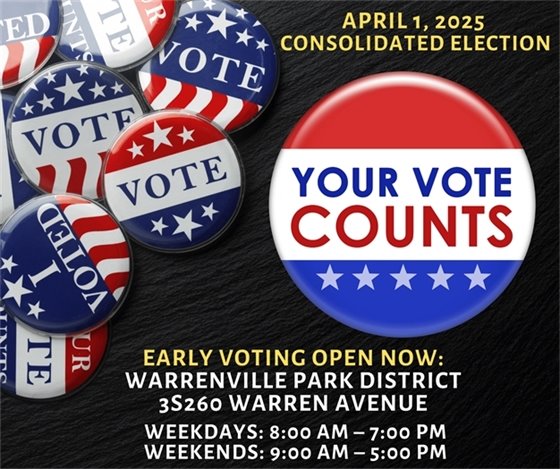 A photo of a button that says "Your vote counts" to promote early voting now open for the April 1, 2025 election.