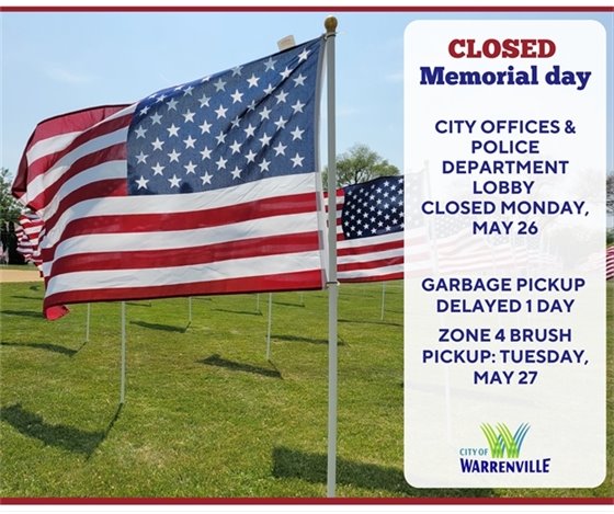 A photo of American flags with information about Memorial Day closings and garbage and brush collection schedules.