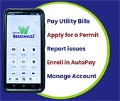 A smartphone with information about the City's new app: The City of Warrenville App lets you: • Report problems in your neighborhood. • Pay your utility bill anytime. • Apply for permits and licenses online. Convenience, right at your fingertips. Use the app or desktop version! Get started at: https://warrenvilleil.citysourced.com Or download the app: • Android: https://play.google.com/store/apps/details... • iPhone: https://apps.apple.com/us/app/warrenville/id6502306915