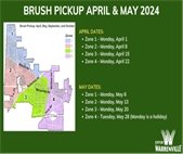 A photo of the brush pickup zone map along with collection dates in the spring 2024.