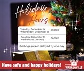 A photo of a fireplace, Christmas tree, and presents for a post about the City's holiday hours.