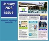 Graphic titled “January 2026 issue – Hometown Happenings newsletter.” The image shows the front page of the City of Warrenville’s January 2026 Hometown Happenings newsletter. Highlights include: • Winfield Township Mental Health Survey inviting residents to share input on mental health, substance use, and developmental disability services. • City of Warrenville App reminder for paying bills, managing accounts, and submitting service requests. • “Minute with the Mayor” column from Mayor Andy Johnson reflecting on his first nine months in office. • Community spotlight on Shop with a Cop during the giving season. City of Warrenville logo and contact information appear at the bottom, including 3S258 Manning Avenue, Warrenville, IL.