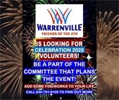 Fireworks in a call for people to volunteer for the 2025 Warrenville Friends of the 4th festivities.