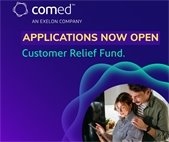 A couple looking at their energy bill with a message: Applications Now Open. Customer Relief Fund (from ComEd).