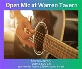 A picture of someone strumming a guitar to promote an Open Mic event April 20 at Warren Tavern.