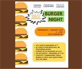 A flyer for burger night at Warrenville Veteran's Center January 24