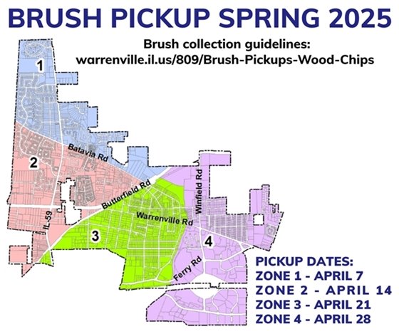 A graphic showing a map of the City split into zones for brush collection and the dates for April pickup.