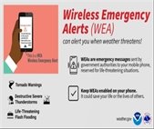 Graphic with the headline “Wireless Emergency Alerts (WEA) can alert you when weather threatens!” An illustration shows a hand holding a cell phone displaying an emergency alert for a tornado warning. Text explains that WEAs are emergency messages sent by government authorities to mobile phones for life-threatening situations. The graphic lists examples including tornado warnings, destructive severe thunderstorms, and life-threatening flash flooding. It encourages people to keep WEAs enabled on their phones. NOAA and National Weather Service logos appear at the bottom, along with weather.gov.