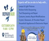 A graphic to promote the SCARCE Repair Fair October 26. Get household items fixed for a small fee.