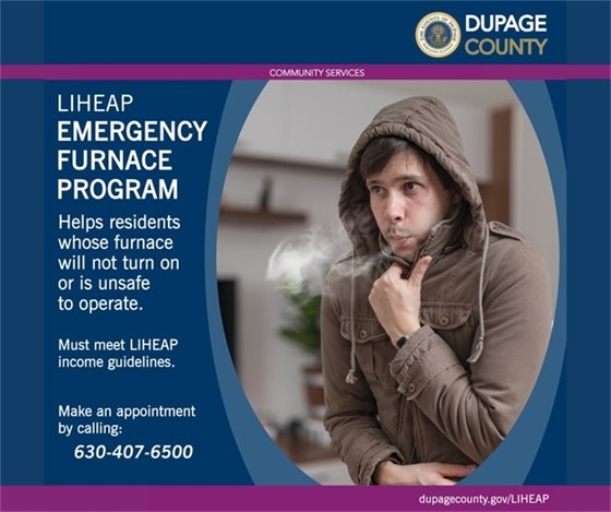 A photo of a man wearing a coat in his cold house to promote utility payment assistance through DuPage County.