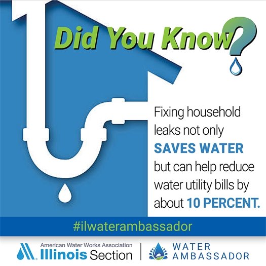 Graphic with the headline “Did You Know?” and an illustration of a home plumbing pipe with a water droplet. Text reads: “Fixing household leaks not only saves water but can help reduce water utility bills by about 10 percent.” The bottom includes the hashtag #ilwaterambassador and logos for the American Water Works Association Illinois Section and Water Ambassador.