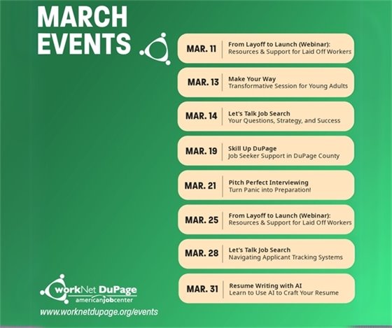 A chart showing Worknet DuPage events in March for people who are looking for jobs.