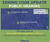 A graphic announcing the Plan Commission hearing for Warrenville By Design June 20.