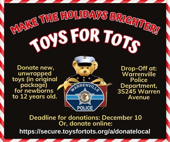 A teddy bear and the Warrenville Police Department badge with information on how to donate toys or money to the Toys for Tots program.