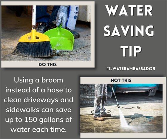 A photo of someone using a broom to sweep their driveway, instead of a hose, which saves water.