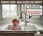 Graphic showing a baby sitting in a white kitchen sink with water running from a silver faucet. Text at the top reads “Coming Soon: Aqua Backflow Survey.” A speech bubble says “Look for me in your mailbox. Your feedback is important!” City of Warrenville logo appears in the bottom right corner.