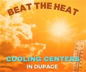 A photo of a hot sunny sky and thermometer to promote Cooling Centers in DuPage County.