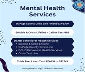 A graphic promoting DuPage County mental health resources including the 988 hotline.