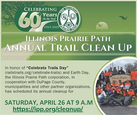 A flyer for the Illinois Prairie Path cleanup Saturday, April 26.