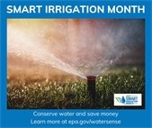 A photo of a water sprinkler to promote Smart Irrigation Month and ways to conserve water.
