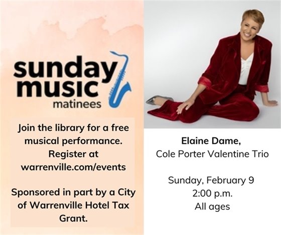 A photo of performer Elaine Dame who will appear at Warrenville Public Library February 9.