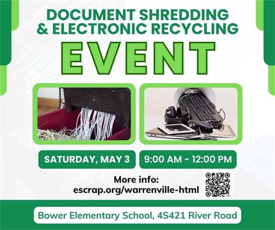 A graphic of electronics and shredded paper to promote the Document Shredding and Electronics Recycling event May 3.