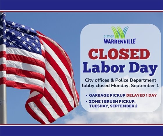 City Hall and the Police Department lobby will be closed Monday, September 1, 2025 for Labor Day.