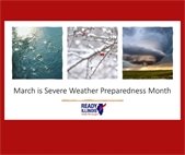 A graphic that shows different kinds of weather and says March is "Severe Weather Preparedness Month."