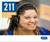 A woman with a headset that says "211. Get Connected. Get Help. 211 is DuPage County's help line.