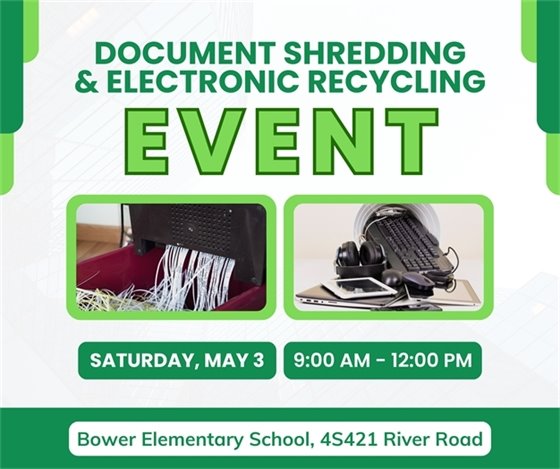 A graphic for the document shredding and electronic recycling event May 3 at Bower Elementary School.