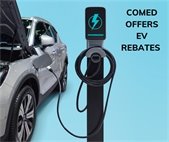 A photo of an electric vehicle being charged to promote rebates from ComEd.