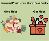 A graphic for the Immanuel Baptist food pantry showing food donations and a box of food waiting to be picked up.