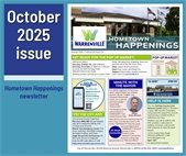 Graphic promoting the October 2025 Hometown Happenings newsletter. Left side reads “Landing in your mailbox soon! Hometown Happenings newsletter.” Right side shows the cover of the October 2025 issue with topics including the Pop-Up Market, the new City App, Minute with the Mayor, DuPage County Crisis Recovery Center, and more.