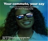 A photo of a woman wearing sunglasses that reflect a car's interior to promote a regional transportation survey.