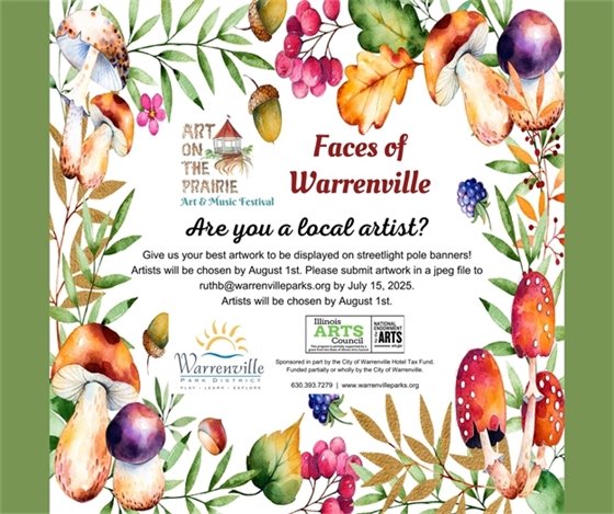An invitation to local artists to submit their work to Warrenville Park District to be displayed on pole banners.