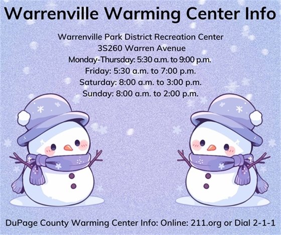 A graphic of two snowmen in cold weather to promote local warming shelters, which include Warreville Park District.