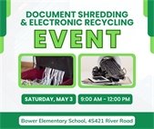 A graphic showing document shredding and electronics recycling to promote the event May 3.