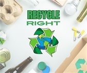 A photo of items to recycle, such as egg cartons, water bottles, and newspaper, with a recycling logo.