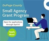 A graphic showing a man at a computer to promote the DuPage County small agency grant program.