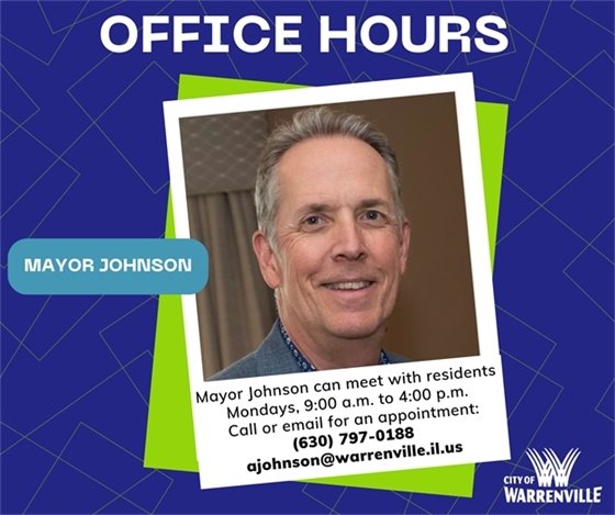 A photo of Mayor Johnson with information about his office hours.