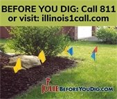 A photo of yard work that features digging to remind residents to call JULIE before they dig.