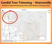 A map circling an area from Mack Road to Joliet Street where ComEd will trim trees.