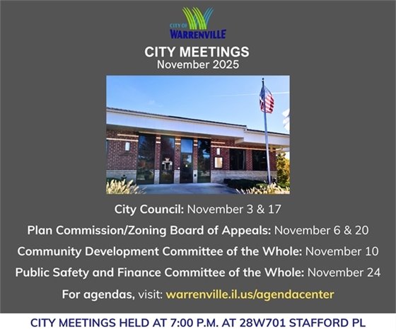 City of Warrenville public meeting schedule for November 2025. 