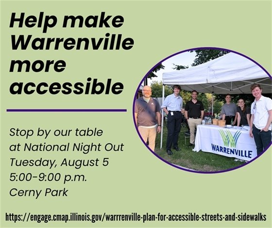 An invitation to stop by the City's table at National Night Out to talk about accessibility in Warrenville.