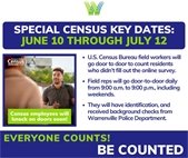 A photo of a census worker talking to a resident at their home.