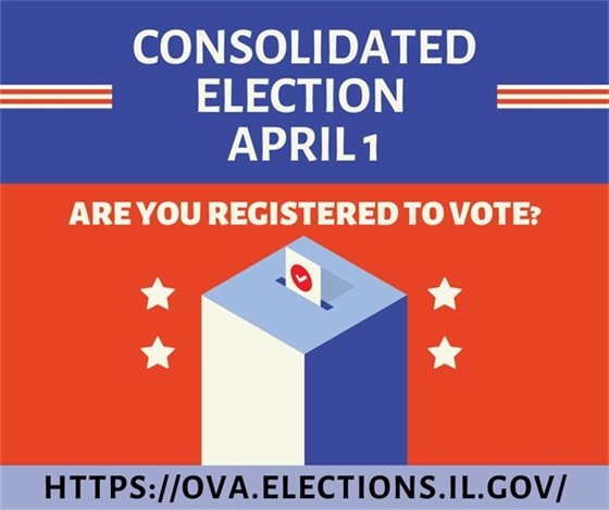 A graphic of a ballot box and the question, "Are you registered to vote," for the April 1 General Consolidated Election.